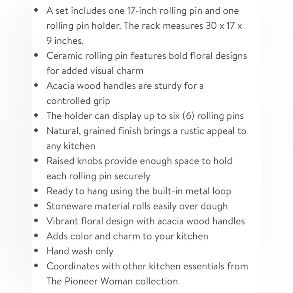 2024 🌺 New Pioneer Woman Rolling Pin & Wall-Mounted Rolling Pins Holder/Stand